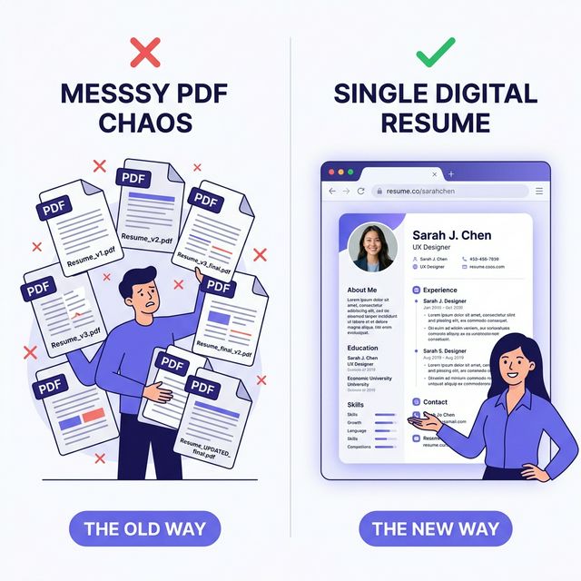 Comparison: messy PDF versions vs one clean permanent link