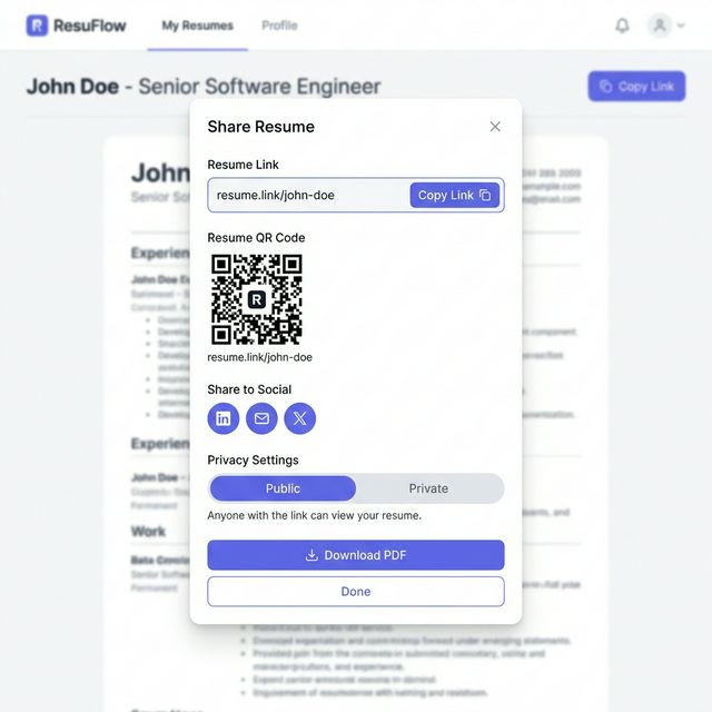 ResumeLink sharing panel — copy link, QR code, privacy settings
